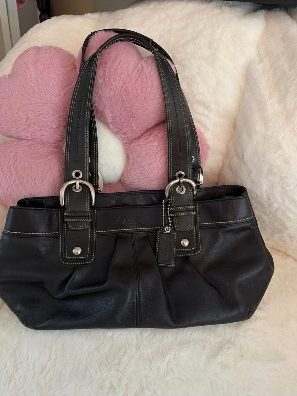 Coach Black Leather Shoulder Bag with Silver Hardware